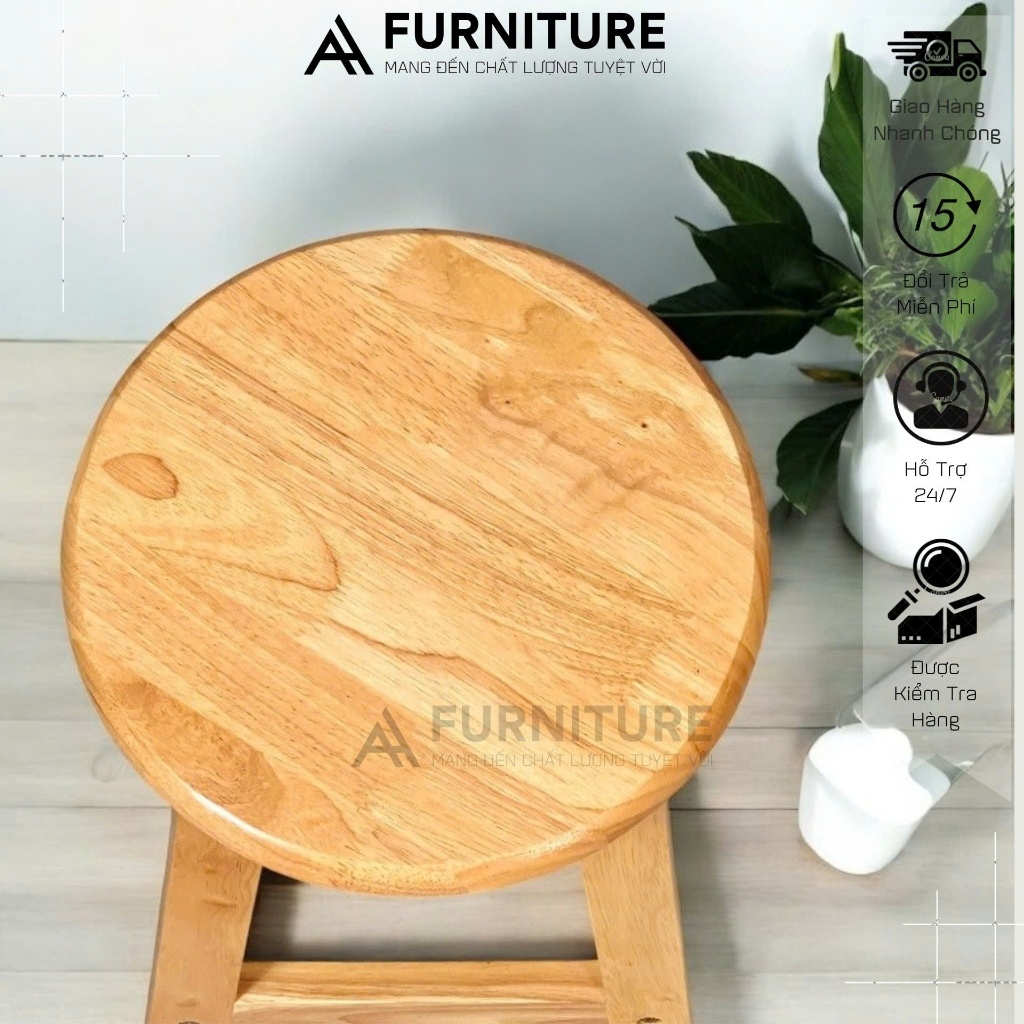 Ghế Gỗ Cao Su Tròn Cao 45cm Màu Đen – Lắp Ráp Tiện Lợi, Nhẹ Gọn, Đa Năng | Nội Thất Anh Hoàng