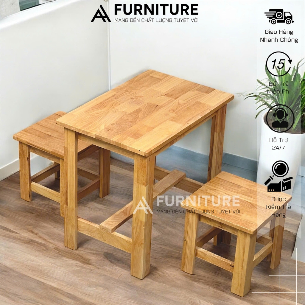 Bàn Ghế Gỗ Nhỏ Gọn Cho 2 Người – Dùng Ăn, Học Bài, Căn Hộ Mini