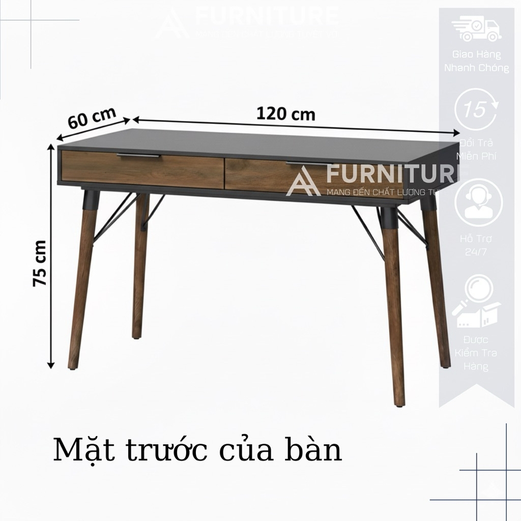 Bàn Làm Việc ELLE Decor Thiết Kế Phong Cách, 2 Ngăn Kéo Để Đồ, 4 Chân Gỗ Gọn Gàng Vững Chắc, Kích Thước Rộng Rãi | ELLE
