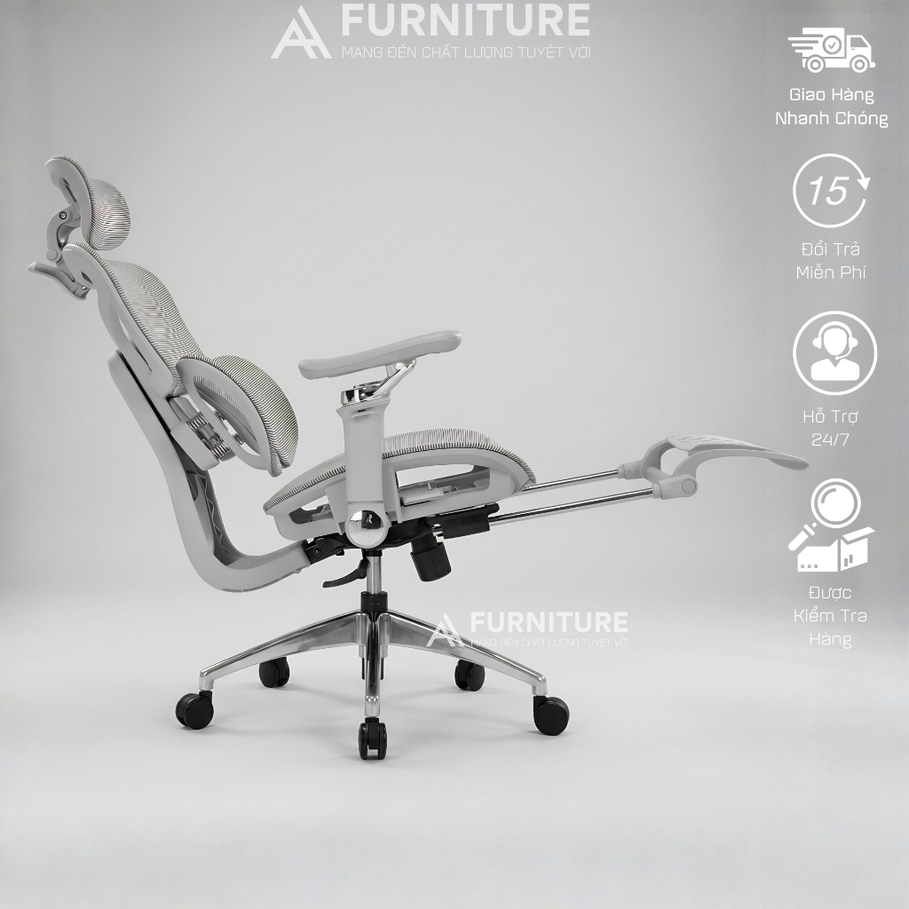 Ghế Văn Phòng Công Thái Học Cao Cấp Tanji 621 Pro Grey - Tựa Lưng 2D, Mâm Trượt, Lưng Nâng Hạ, Tay 6D, Ngả Lưng, Gác Chân