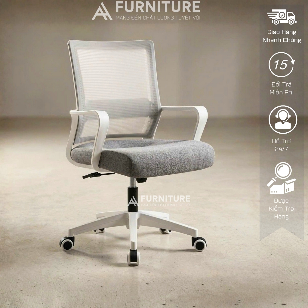 Ghế Xoay Văn Phòng 360 Độ Tay Cố Định Vững Chắc, Thiết Kế Tinh Tế Tối Giản Đệm Dày | 801 Black | Nội Thất Anh Hoàng