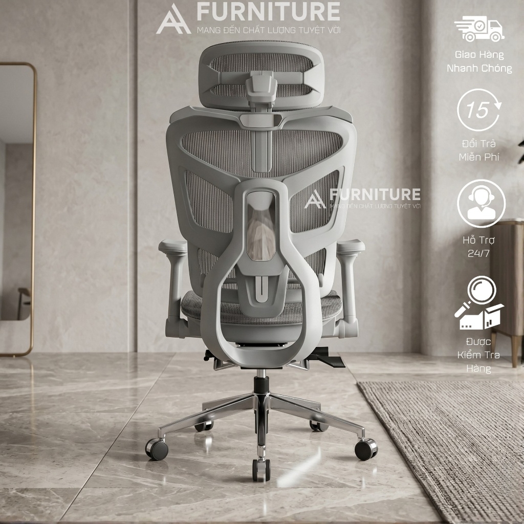 Ghế Xoay Công Thái Học Model 905 Grey, Gác chân, Tựa cổ, Tựa Lưng Thay Đổi Linh Hoạt Thiết Kế Bảo Vệ Cột Sống Ngả Lưng 145 Độ