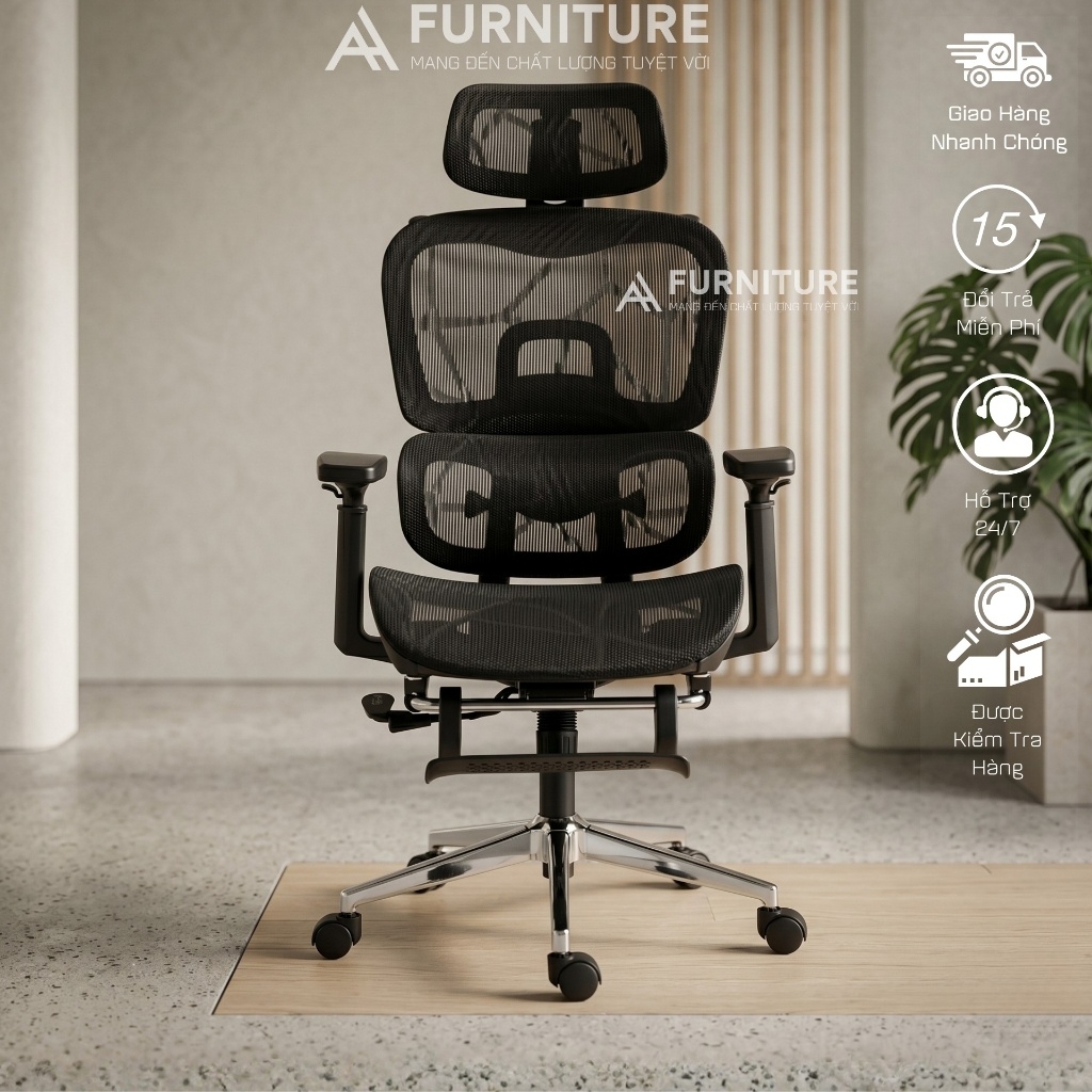 Ghế Công Thái Học Model 900 Black Grey Lưới Có Chỉnh Mâm, Gác Chân - Ghế Xoay Văn Phòng Ngả Lưng Thư Giãn | Nội Thất Anh Hoàng