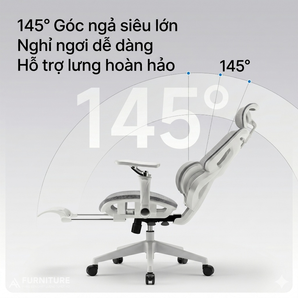 Ghế Công Thái Học E18 Grey Có Gác Chân - Ghế Xoay Văn Phòng Lưng Lưới Ngả 145 Độ Chống Đau Lưng