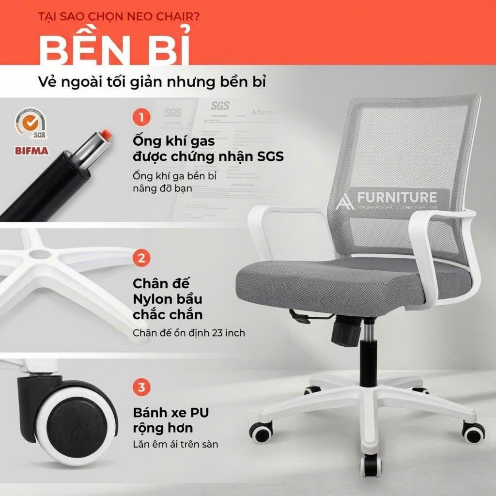 Ghế Xoay Văn Phòng 360 Độ Tay Cố Định Vững Chắc, Thiết Kế Tinh Tế Tối Giản Đệm Dày | 801 Grey | Nội Thất Anh Hoàng