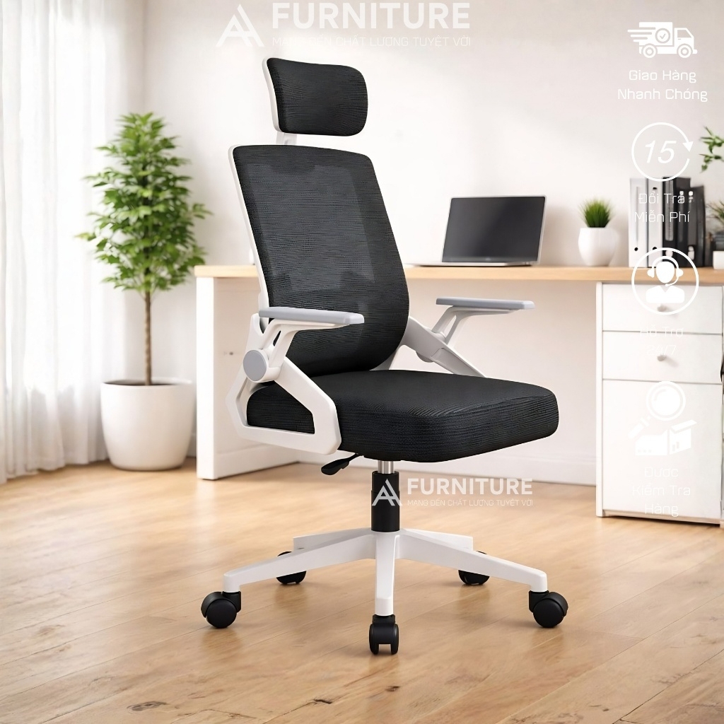 Ghế Xoay Văn Phòng Model 588 White - Thiết Kế Ergonomic Hỗ Trợ Cột Sống, Tựa Đầu Điều Chỉnh Phù Hợp Làm Việc Và Học Tập
