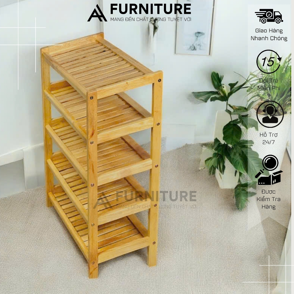 Kệ Để Giày Dép 5 Tầng Gỗ Cao Su 64cm – Thiết Kế Nghiêng Thoáng Khí, Chịu Nước Để Được Nhiều Đồ Dễ Tháo Lắp | Nội Thất Anh Hoàng