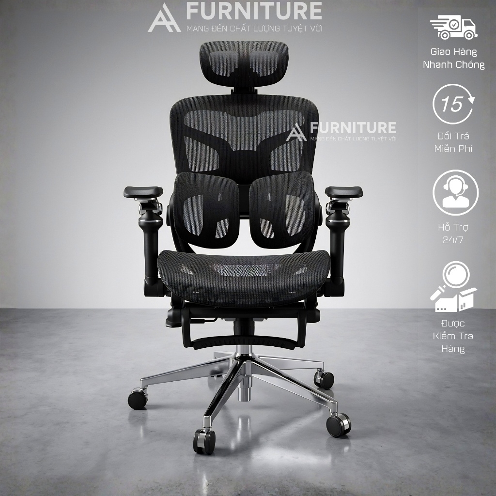 Ghế Văn Phòng Công Thái Học Cao Cấp Tanji 621 Pro Grey - Tựa Lưng 2D, Mâm Trượt, Lưng Nâng Hạ, Tay 6D, Ngả Lưng, Gác Chân