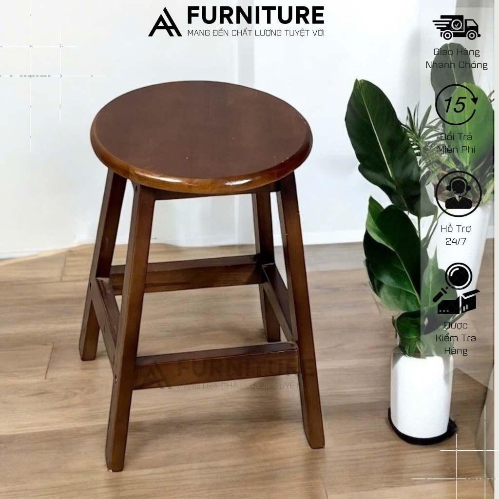 Ghế Gỗ Cao Su Tròn Cao 45cm Màu Tự Nhiên – Lắp Ráp Tiện Lợi, Nhẹ Gọn, Đa Năng | Nội Thất Anh Hoàng
