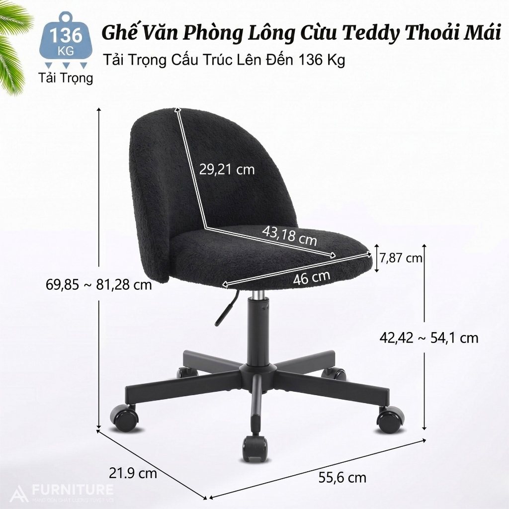 Ghế Trang Điểm Vải Lông Cừu Teddy Purple Hiện Đại Có Tựa Lưng, Ghế Bàn Làm Việc Thiết Kế Không Tay Vịn Dành Cho Nữ | TDY