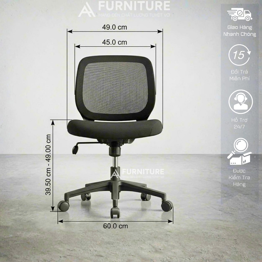 Ghế Văn Phòng Chân Xoay ADLEY - Ghế Xoay Phong Cách Tối Giản Không Tay Ghế | Nội Thất Anh Hoàng
