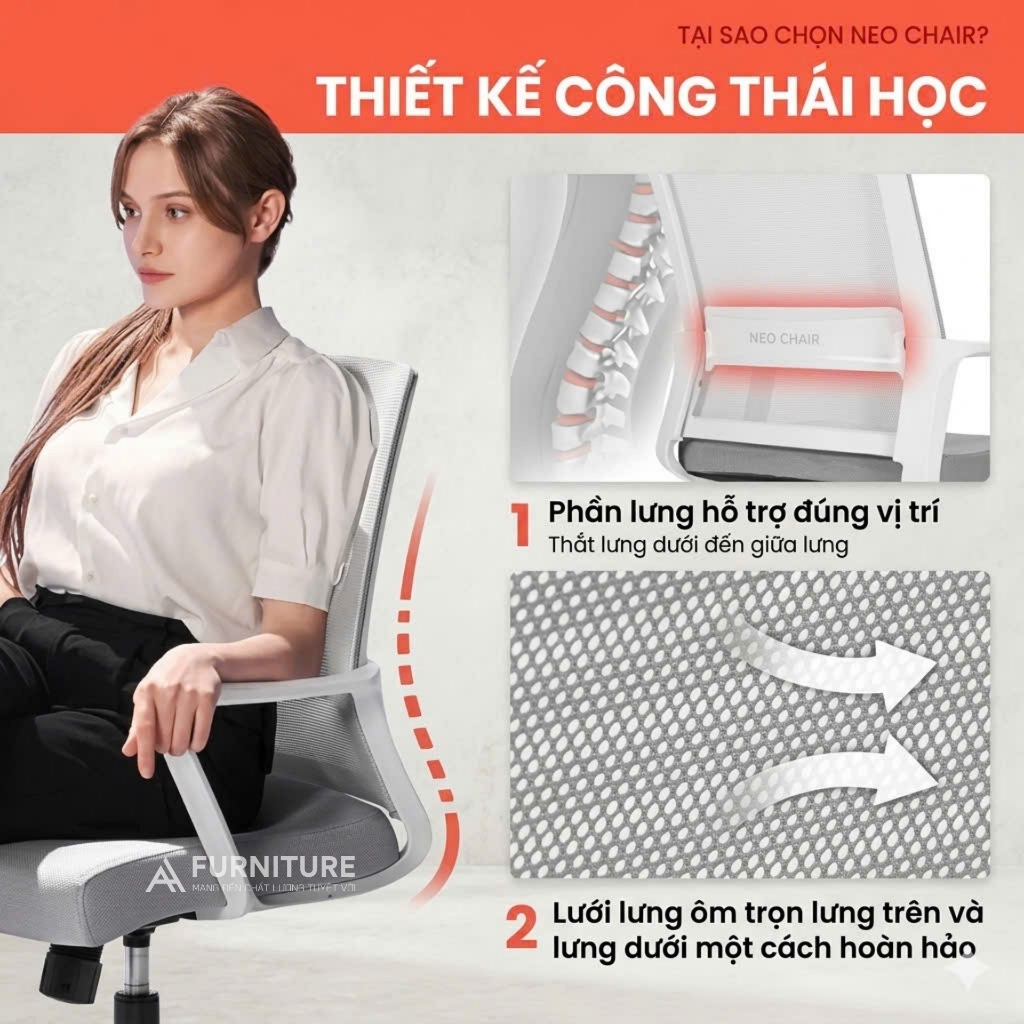 Ghế Xoay Văn Phòng 360 Độ Tay Cố Định Vững Chắc, Thiết Kế Tinh Tế Tối Giản Đệm Dày | 801 Grey | Nội Thất Anh Hoàng