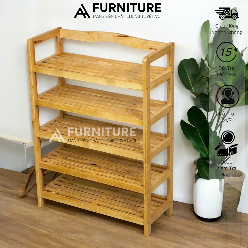 Kệ Giày Dép 5 Tầng Gỗ Cao Su Thiết Kế Rộng Rãi, Để Được 15 Đôi