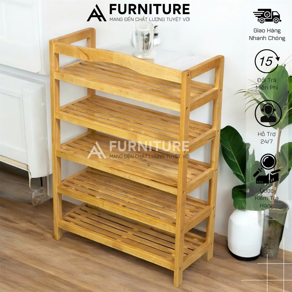 Kệ Giày Dép 5 Tầng Gỗ Cao Su Thiết Kế Rộng Rãi, Để Được 15 Đôi
