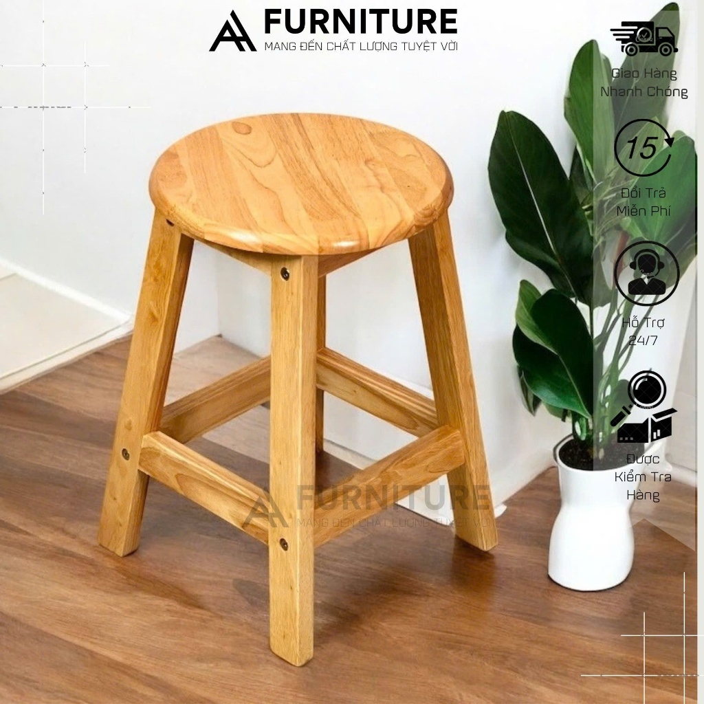 Ghế Gỗ Cao Su Tròn Cao 45cm – Lắp Ráp Tiện Lợi, Nhẹ Gọn, Đa Năng | Nội Thất Anh Hoàng