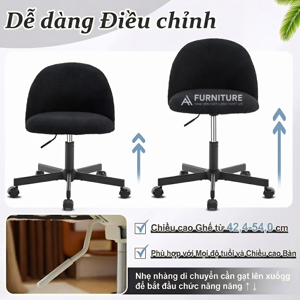 Ghế Trang Điểm Vải Lông Cừu Teddy Purple Hiện Đại Có Tựa Lưng, Ghế Bàn Làm Việc Thiết Kế Không Tay Vịn Dành Cho Nữ | TDY
