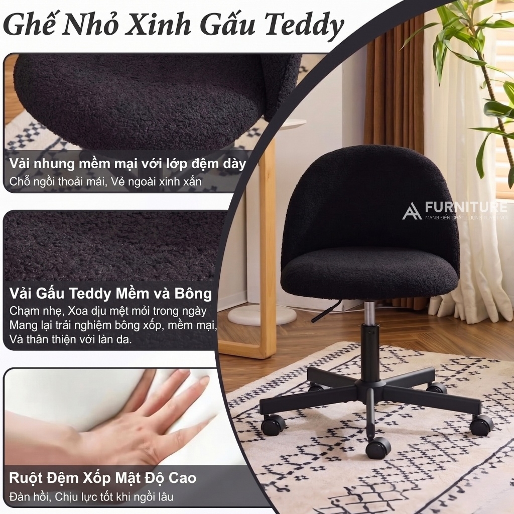 Ghế Trang Điểm Vải Lông Cừu Teddy Purple Hiện Đại Có Tựa Lưng, Ghế Bàn Làm Việc Thiết Kế Không Tay Vịn Dành Cho Nữ | TDY