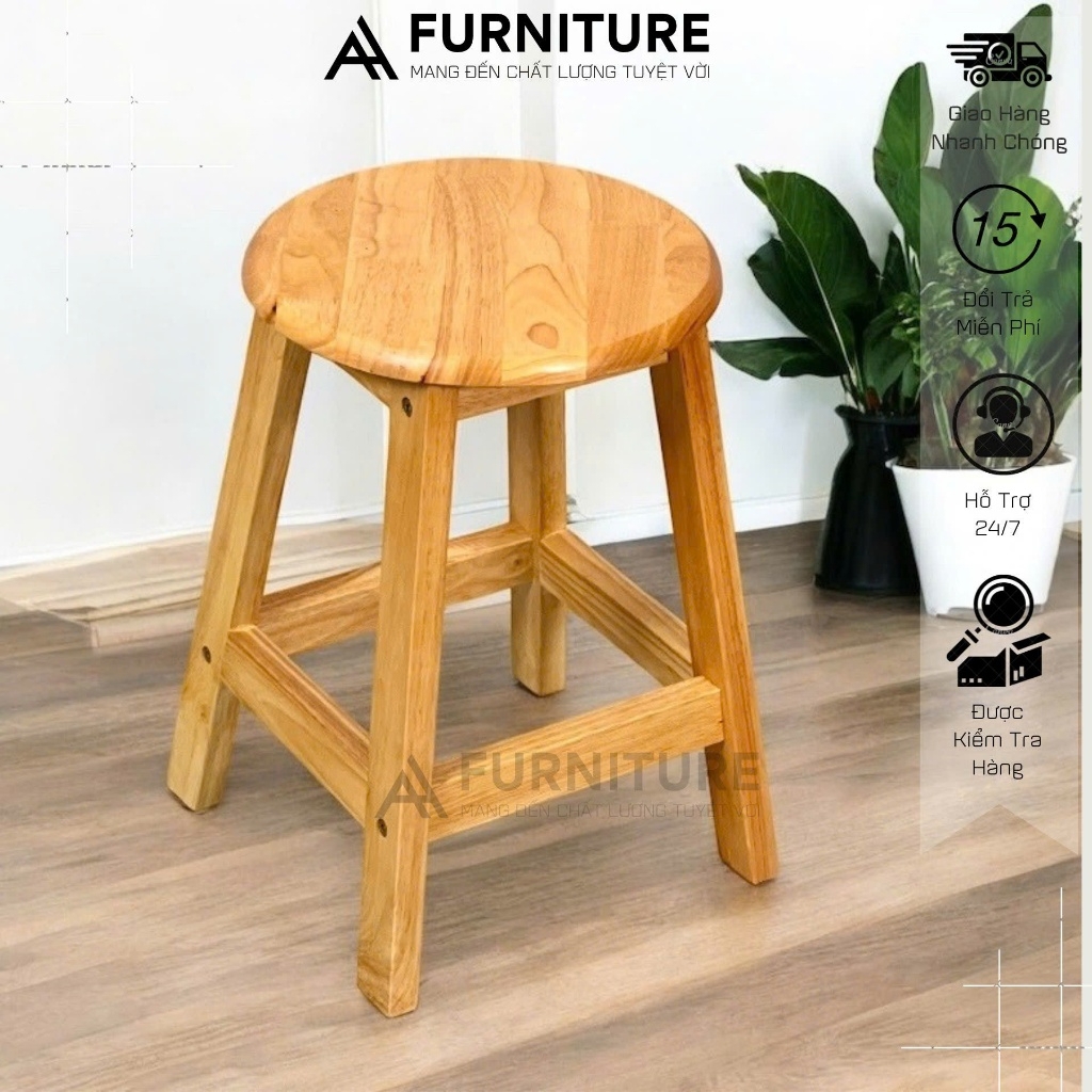 Ghế Gỗ Cao Su Tròn Cao 45cm Màu Tự Nhiên – Lắp Ráp Tiện Lợi, Nhẹ Gọn, Đa Năng | Nội Thất Anh Hoàng