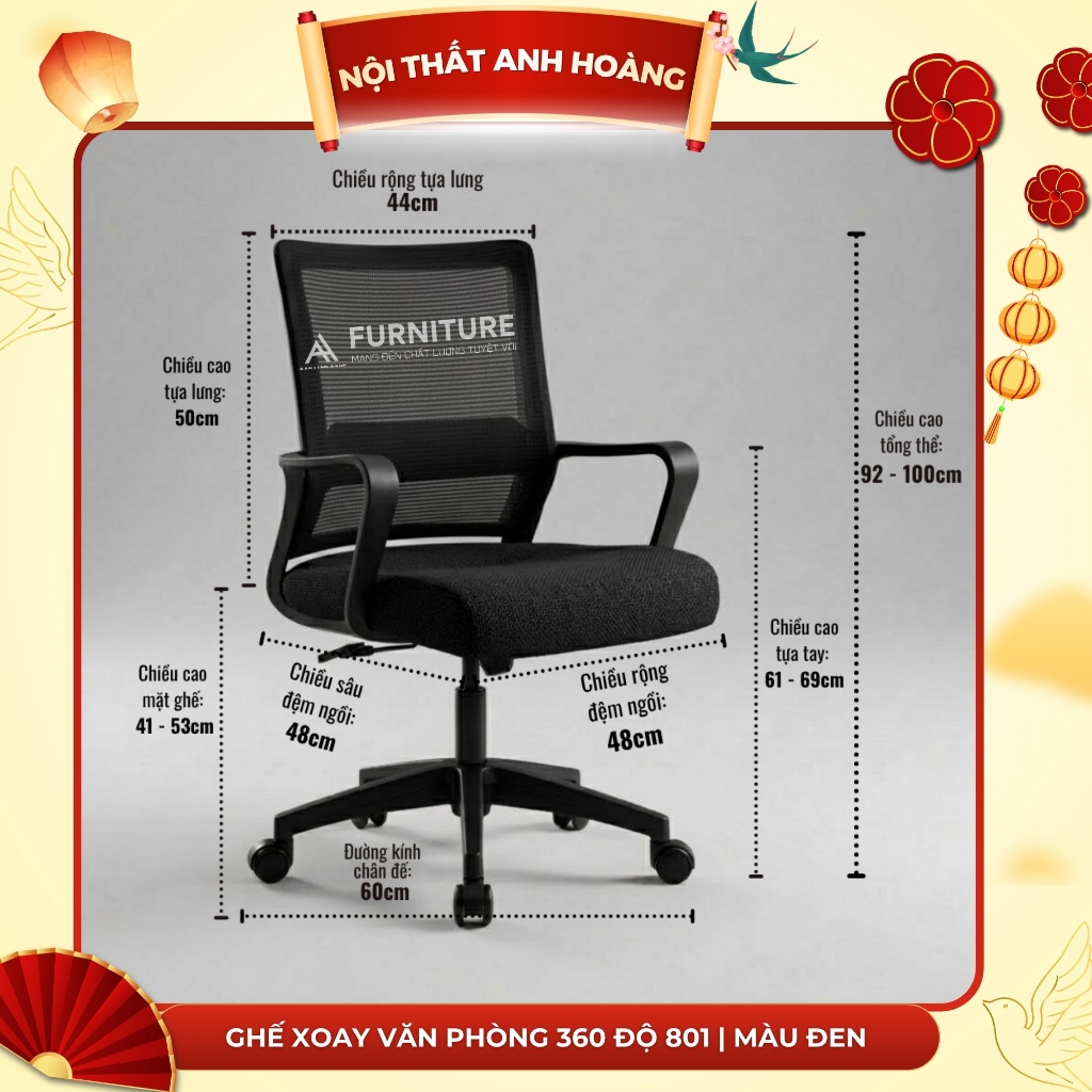 Ghế Xoay Văn Phòng 360 Độ Tay Cố Định Vững Chắc, Thiết Kế Tinh Tế Tối Giản Đệm Dày | 801 Grey | Nội Thất Anh Hoàng