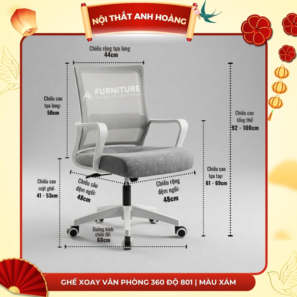 Ghế Xoay Văn Phòng 360 Độ Tay Cố Định Vững Chắc, Thiết Kế Tinh Tế Tối Giản Đệm Dày | 801 Grey | Nội Thất Anh Hoàng