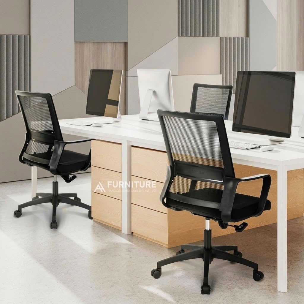 Ghế Xoay Văn Phòng 360 Độ Tay Cố Định Vững Chắc, Thiết Kế Tinh Tế Tối Giản Đệm Dày | 801 Black | Nội Thất Anh Hoàng