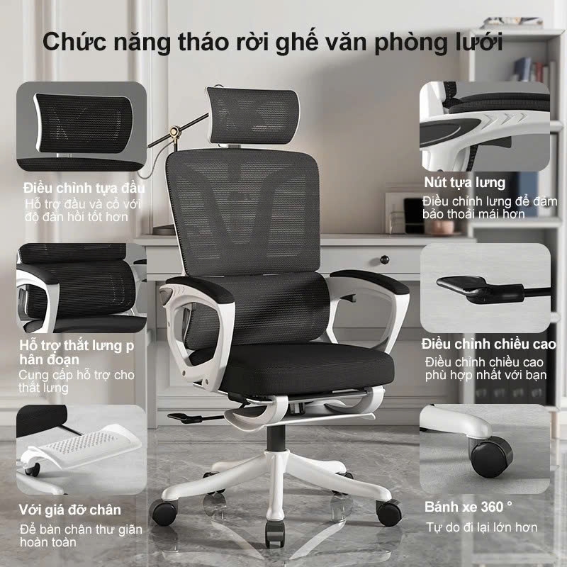 Ghế Xoay Văn Phòng 2 In 1 Màu Đen, Ghế Công Thái Học, Ghế Game Tựa Đầu 3d, Lưng Ghế Có Thể Ngả 145° | 006 | Nội Thất Anh Hoàng
