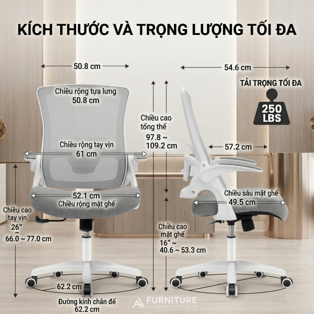 Ghế Xoay Văn Phòng Lưng Lưới DBS Grey - Ghế Làm Việc Công Thái Học Cao Cấp, Tay Nâng Linh Hoạt | Nội Thất Anh Hoàng
