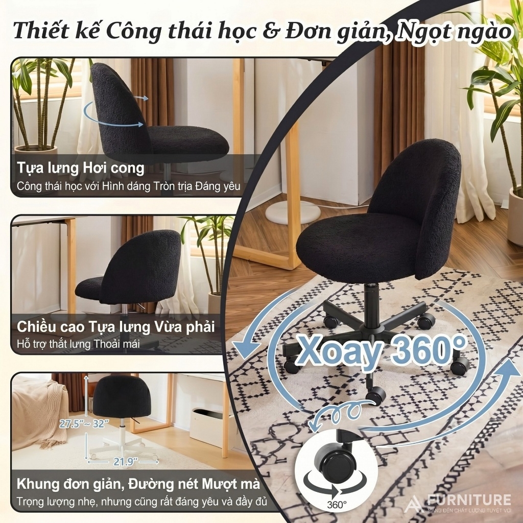 Ghế Trang Điểm Vải Lông Cừu Teddy Purple Hiện Đại Có Tựa Lưng, Ghế Bàn Làm Việc Thiết Kế Không Tay Vịn Dành Cho Nữ | TDY