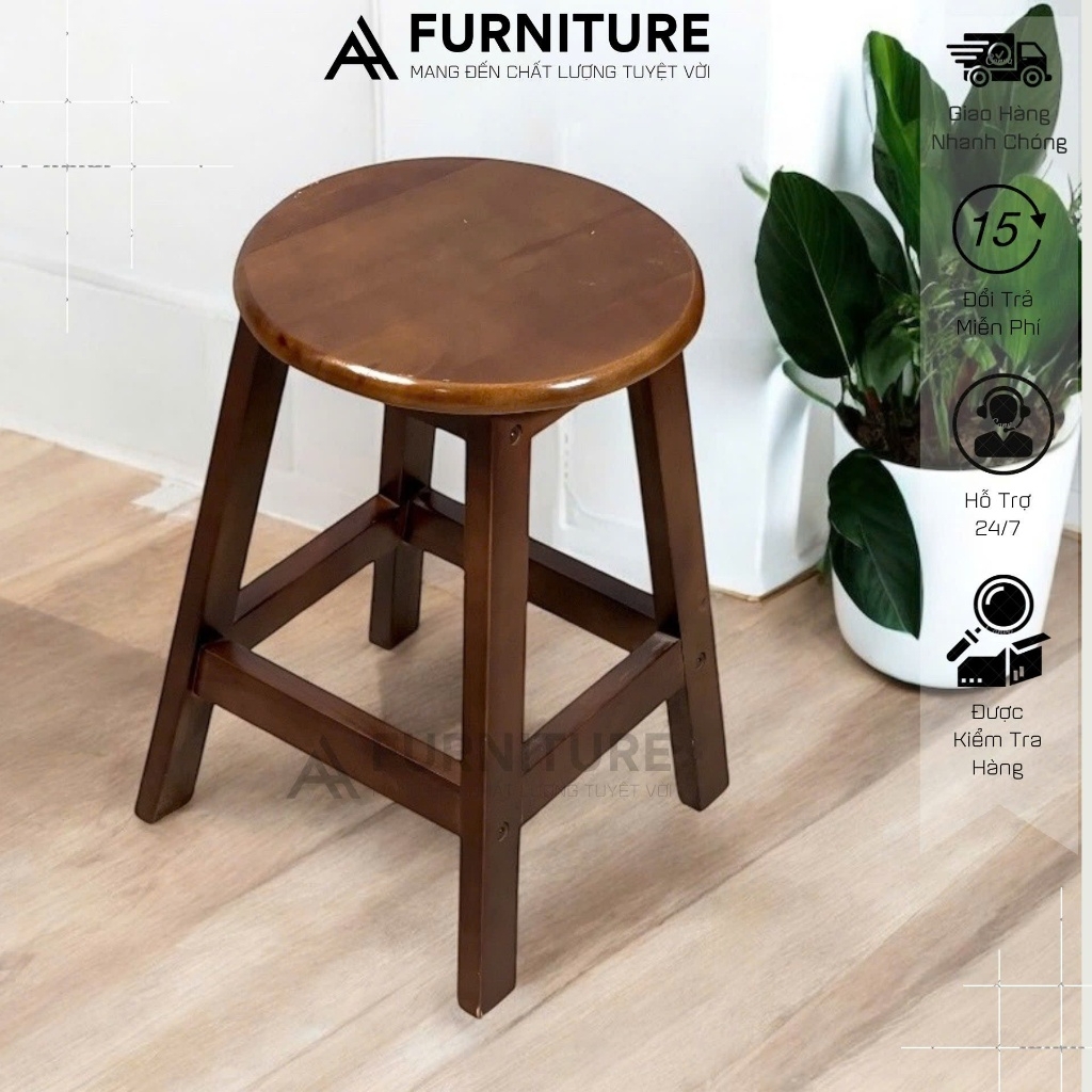 Ghế Gỗ Cao Su Tròn Cao 45cm – Lắp Ráp Tiện Lợi, Nhẹ Gọn, Đa Năng | Nội Thất Anh Hoàng
