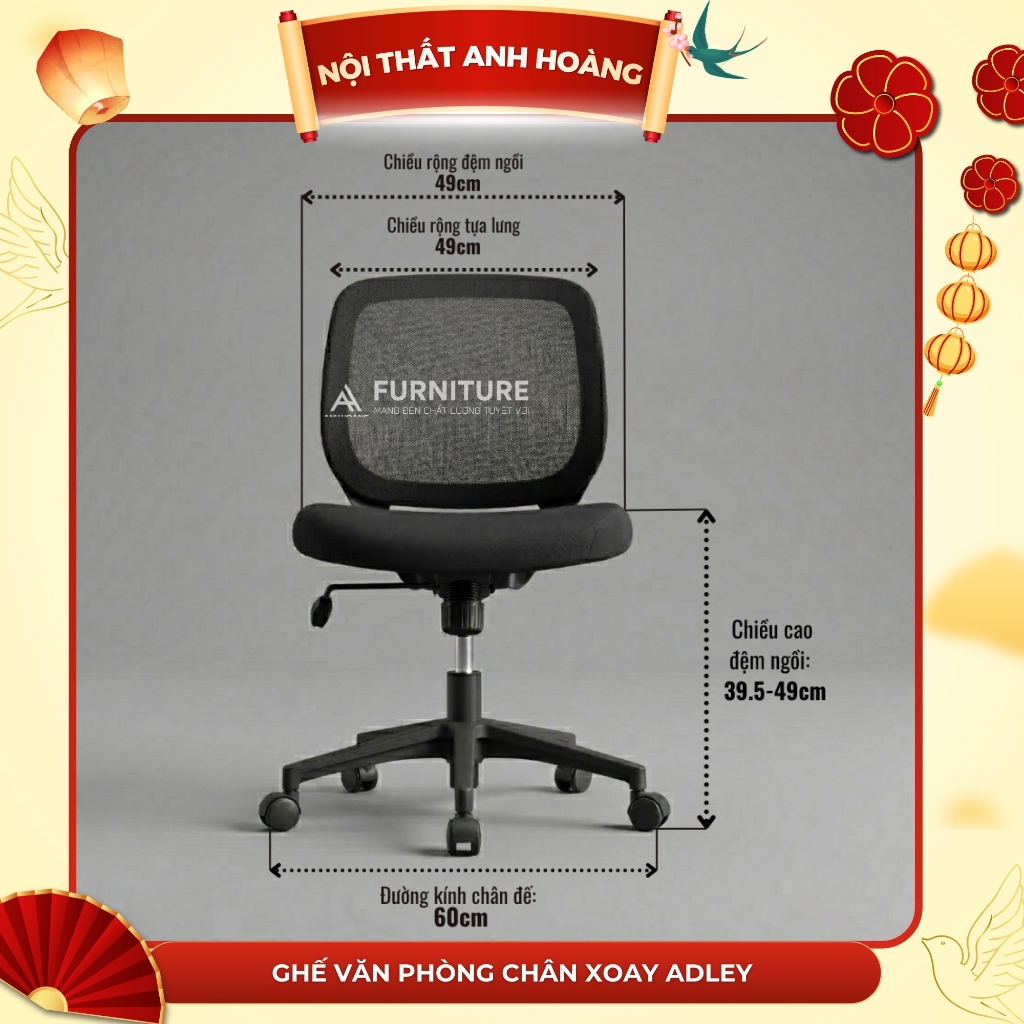 Ghế Văn Phòng Chân Xoay ADLEY - Ghế Xoay Phong Cách Tối Giản Không Tay Ghế | Nội Thất Anh Hoàng