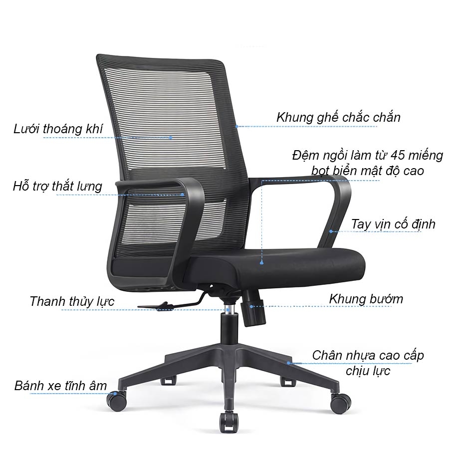 Ghế Xoay Văn Phòng Lưng Lưới Thoáng Khí Chân Nhựa Đúc | 1003 | Nội Thất Anh Hoàng
