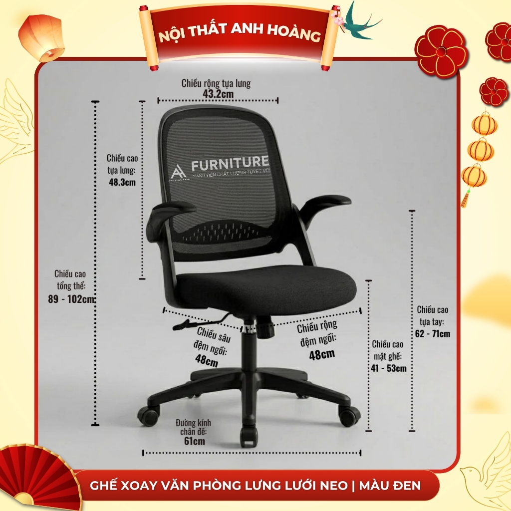 Ghế Xoay Văn Phòng Lưng Lưới NEO - Ghế Làm Việc Văn Phòng Cao Cấp, Tay Nâng Linh Hoạt | Nội Thất Anh Hoàng