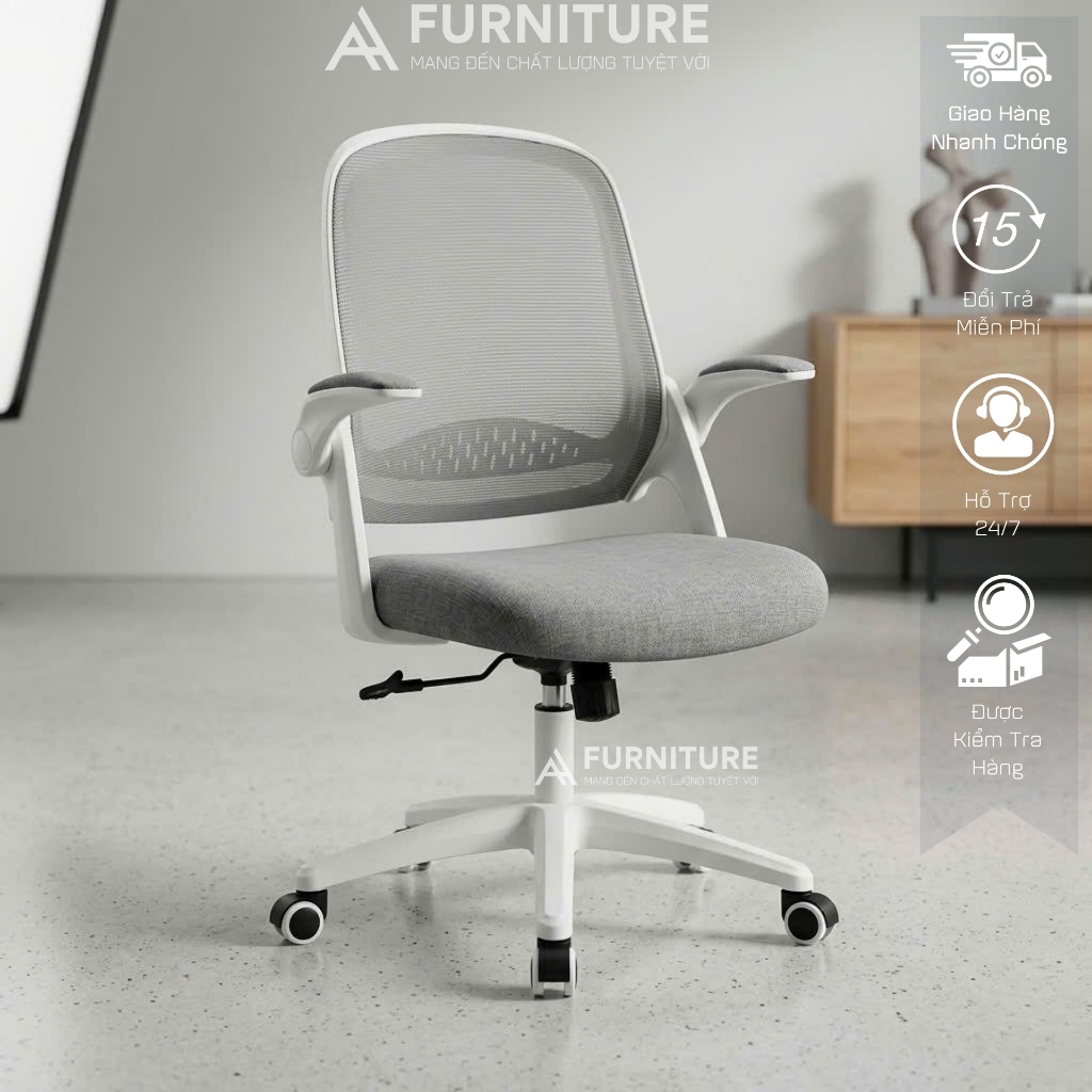 Ghế Xoay Văn Phòng Lưng Lưới NEC Beige - Ghế Làm Việc Văn Phòng Cao Cấp, Tay Nâng Linh Hoạt | Nội Thất Anh Hoàng