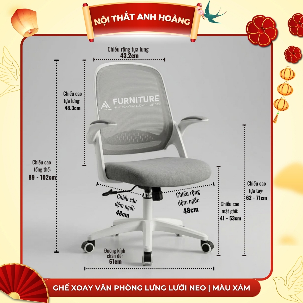 Ghế Xoay Văn Phòng Lưng Lưới NEO - Ghế Làm Việc Văn Phòng Cao Cấp, Tay Nâng Linh Hoạt | Nội Thất Anh Hoàng