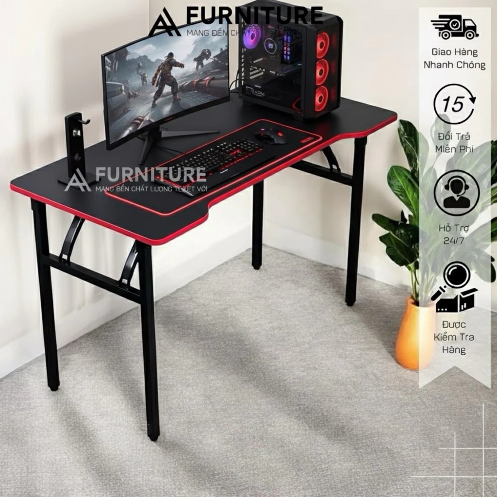 Bàn Máy Tính Gaming Có Thể Xếp Gọn Mặt Màu Đen Viền Đen Đã Lắp Sẵn Tiện Lợi | XEP02 GAME | Nội Thất Anh Hoàng