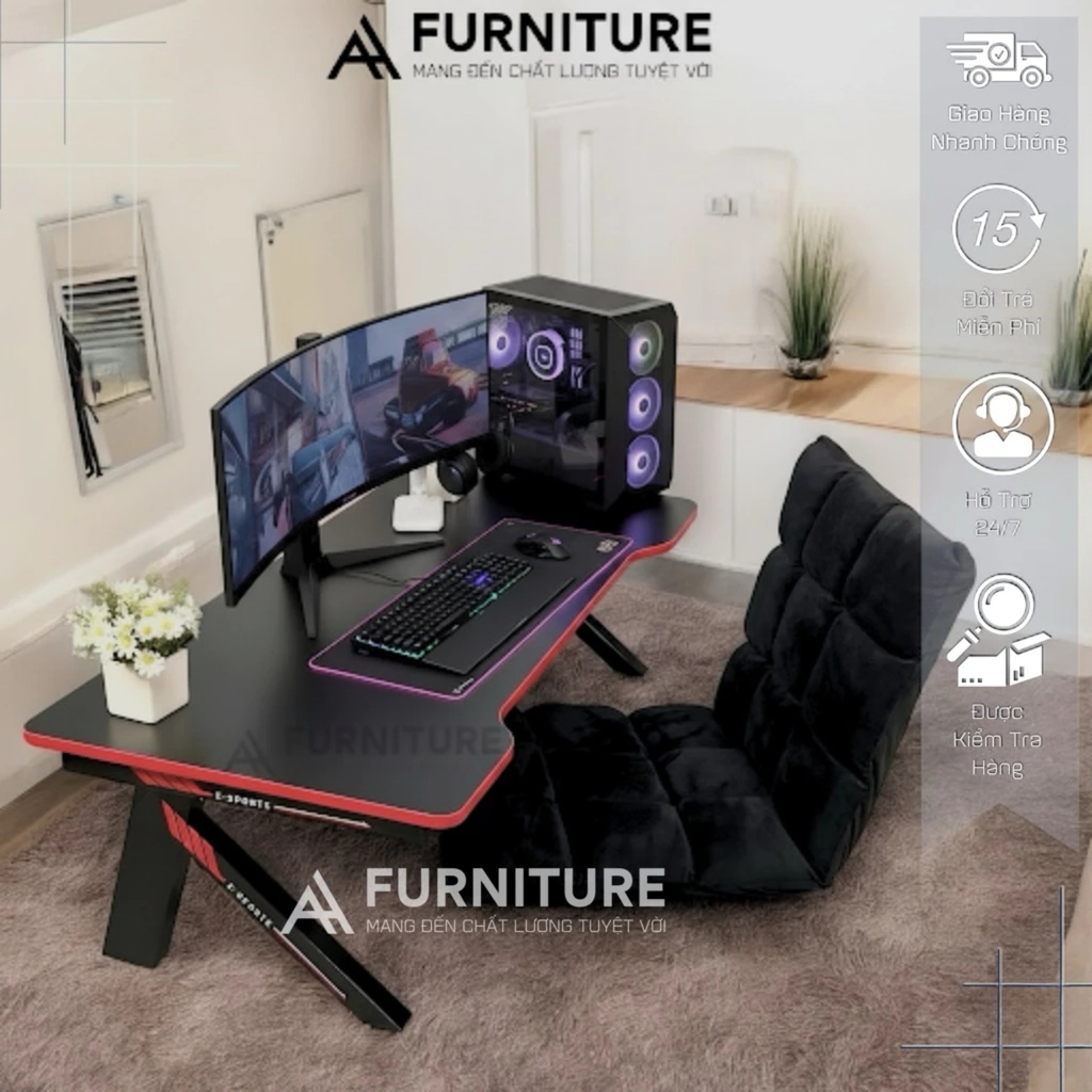 1 Bộ Bàn Ghế Máy Tính Gaming Splus Màu Đen Gấp Gọn Tiện Lợi KB02 + Tatami Xám | Nội Thất Anh Hoàng