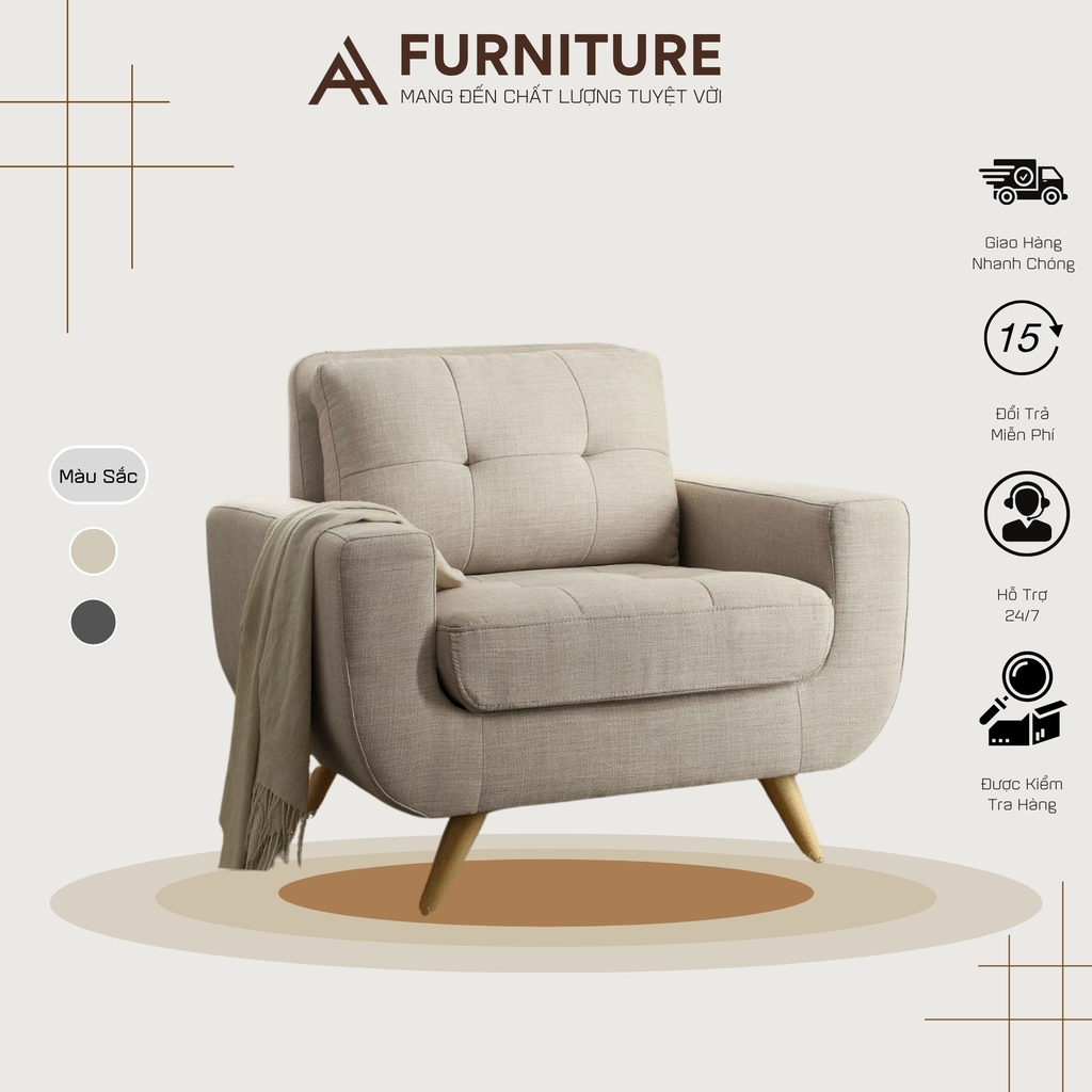 Ghế Sofa Đơn Bọc Vải Bố Cao Cấp Chân Gỗ, Sofà Đơn Loại To Dày Vải Bố Đẹp Dễ Vệ Sinh | SOFA H4-BG | Nội Thất Anh Hoàng