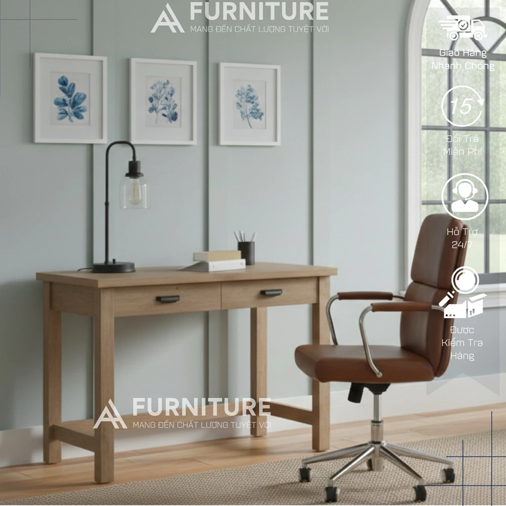 Bàn Làm Việc Thiết Kế Phong Cách Tích Hợp 2 Cổng Sạc USB, 2 Ngăn Kéo Để Đồ, 4 Chân Gỗ Vững Chắc | Code A-216