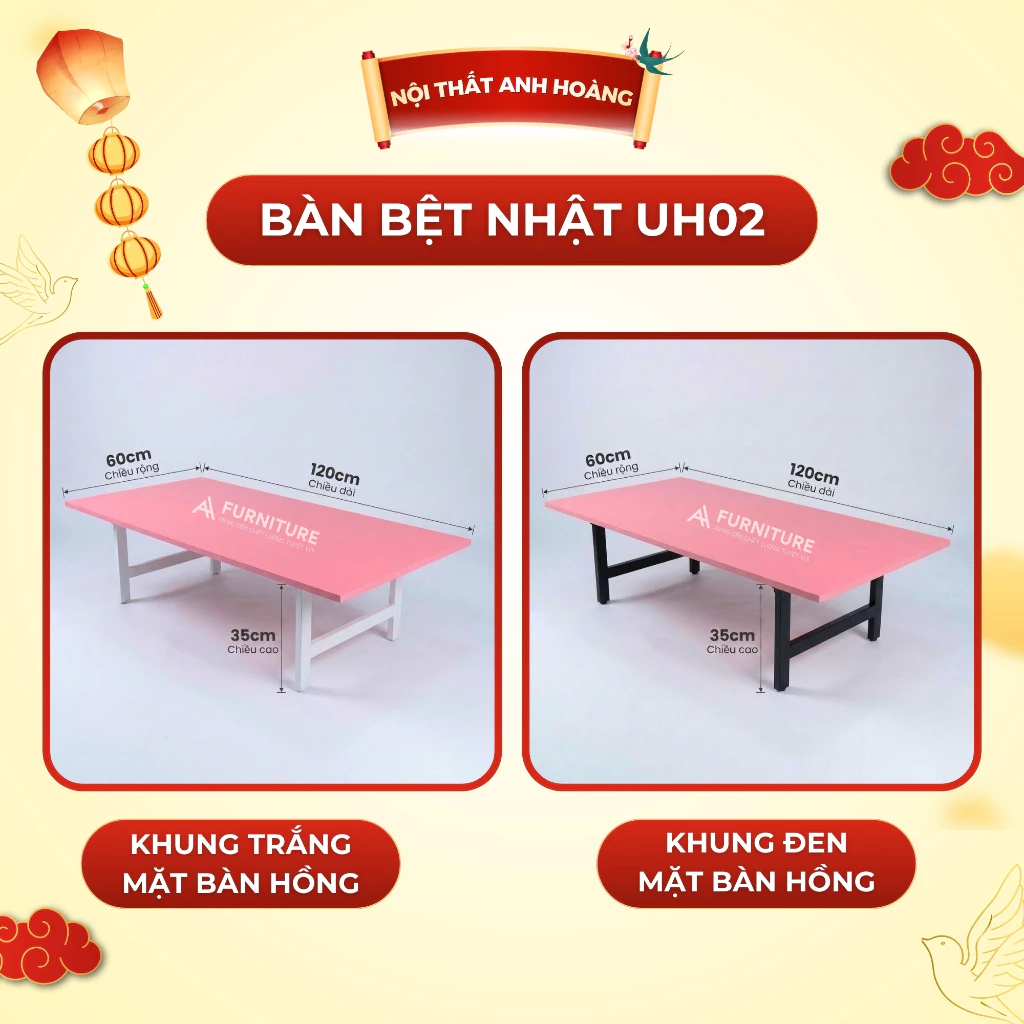 Bàn Học Ngồi Bệt Kiểu Nhật Màu Hồng 120x60 cao 35cm- Bàn Gập Gọn Tiện Lợi | Nội Thất Anh Hoàng