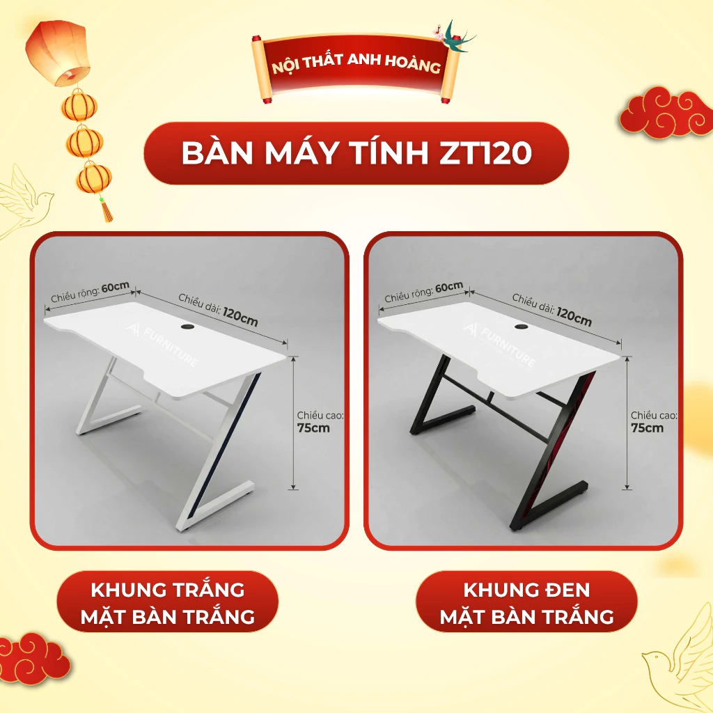 Bàn Máy Tính Chữ Z Mặt Gaming Bo Góc Chân Sắt Sơn Tĩnh Điện | ZT120 | Nội Thất Anh Hoàng