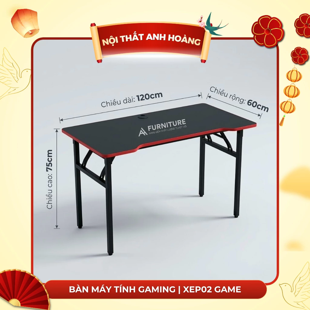 Bàn Máy Tính Gaming Có Thể Xếp Gọn Mặt Màu Đen Viền Đen Đã Lắp Sẵn Tiện Lợi | XEP02 GAME | Nội Thất Anh Hoàng