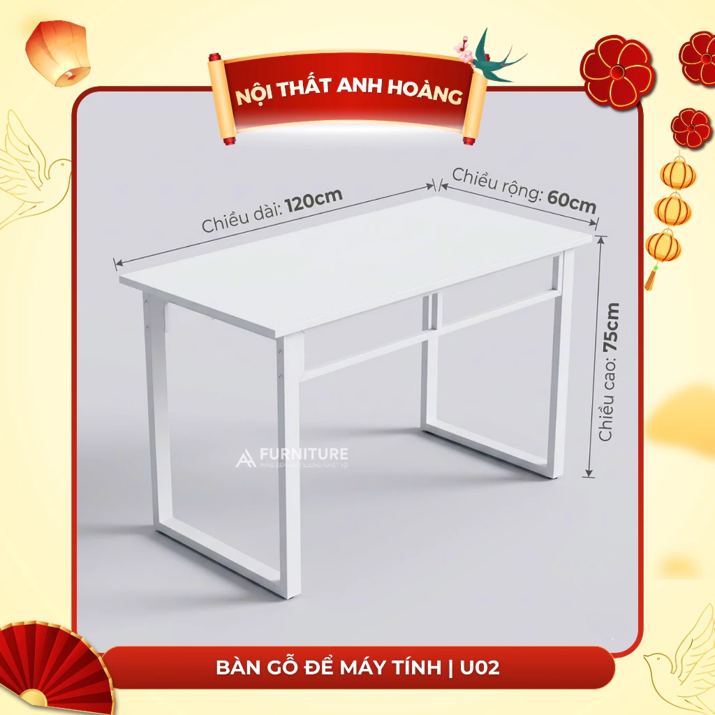Bàn Gỗ Để Máy Tính Màu Trắng Basic Style Size 120x60 Cao 75cm - Bàn Học Tập Văn Phòng Tối Giản | Mã U02 | Nội Thất Anh Hoàng