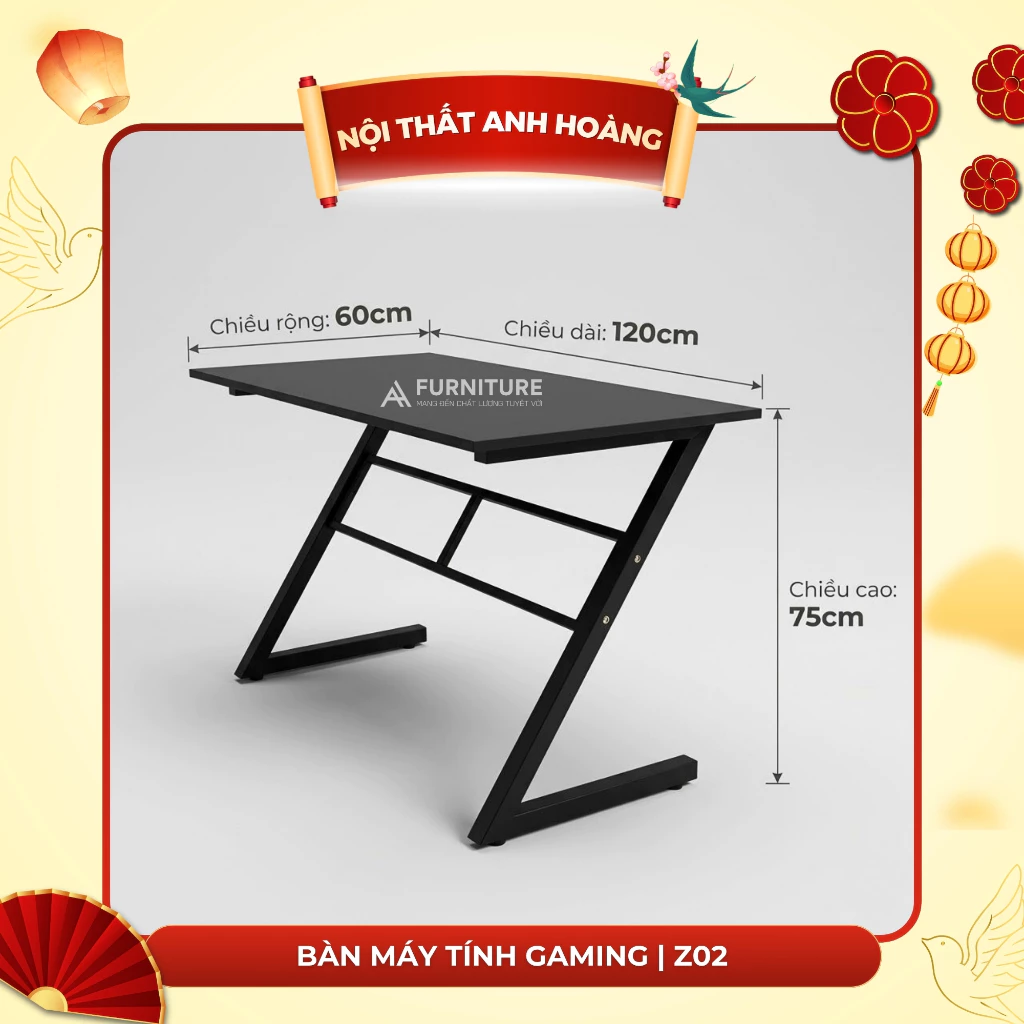 Bàn Máy Tính Gaming Gỗ MDF Melamine Size 120x60 Cao 75cm Khung Sắt Sơn Tĩnh Điện – Bàn Làm Việc Chơi Game | Mã Z02 | Nội Thất Anh Hoàng