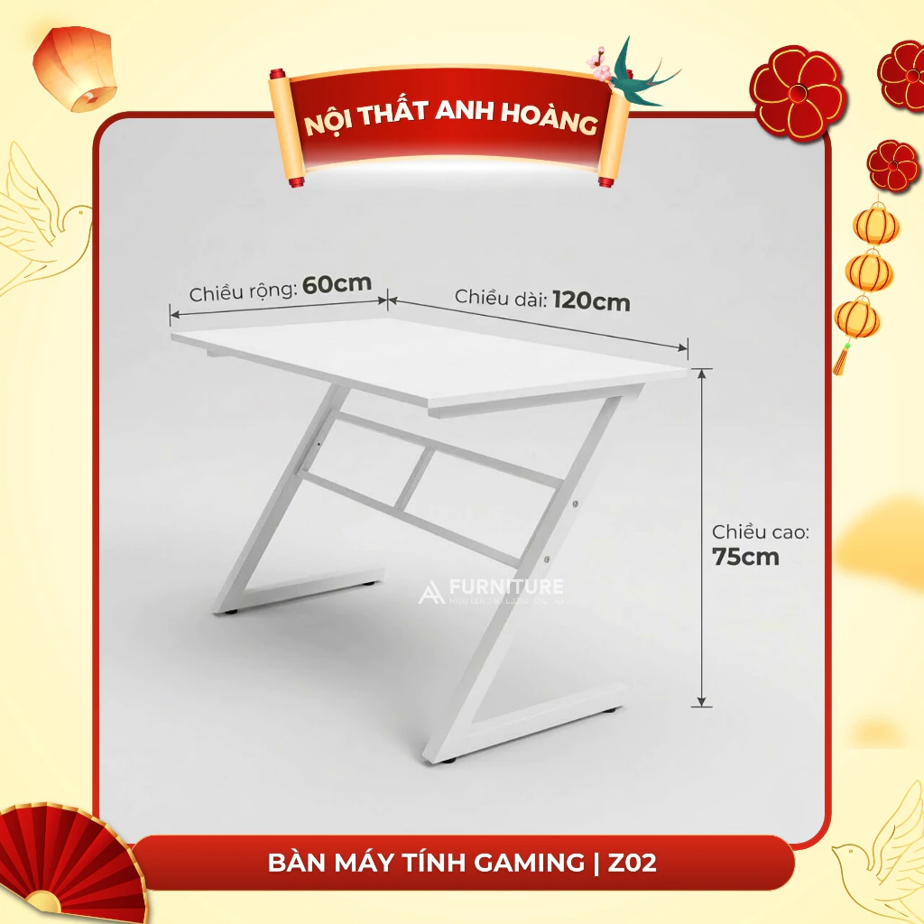 Bàn Máy Tính Gaming Màu Trắng Gỗ MDF Melamine Size 120x60 Cao 75cm Khung Sắt Sơn Tĩnh Điện – Bàn Làm Việc Chơi Game | Mã Z02 | Nội Thất Anh Hoàng