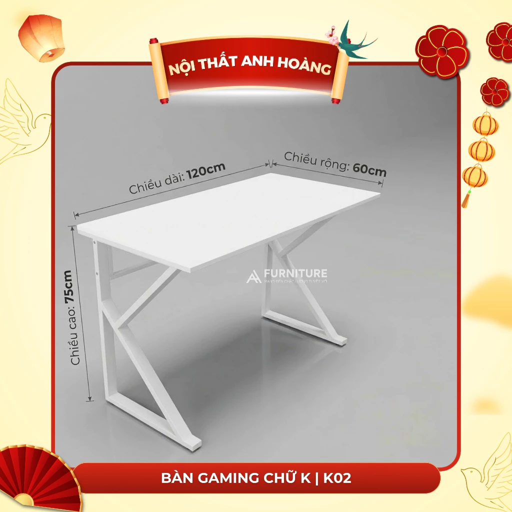 Bàn Gaming Chữ K Màu Trắng Size Lớn 120x60 Cao 75cm Sơn Tĩnh Điện Chống Trầy Thiết Kế Hiện Đại, Siêu Chắc Chắn | Mã K02 | Nội Thất Anh Hoàng