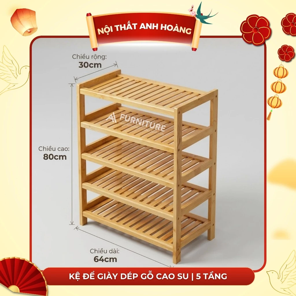 Kệ Để Giày Dép 5 Tầng Gỗ Cao Su 64cm – Thiết Kế Nghiêng Thoáng Khí, Chịu Nước Để Được Nhiều Đồ Dễ Tháo Lắp | Nội Thất Anh Hoàng