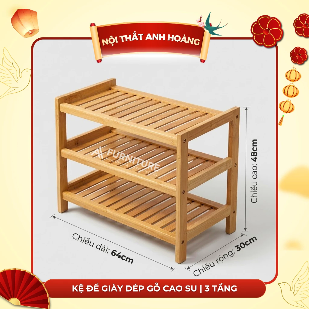 Kệ Để Giày Dép 3 Tầng Gỗ Cao Su 64cm – Thiết Kế Nghiêng Thoáng Khí, Chịu Nước Để Được Nhiều Đồ Dễ Tháo Lắp | Nội Thất Anh Hoàng