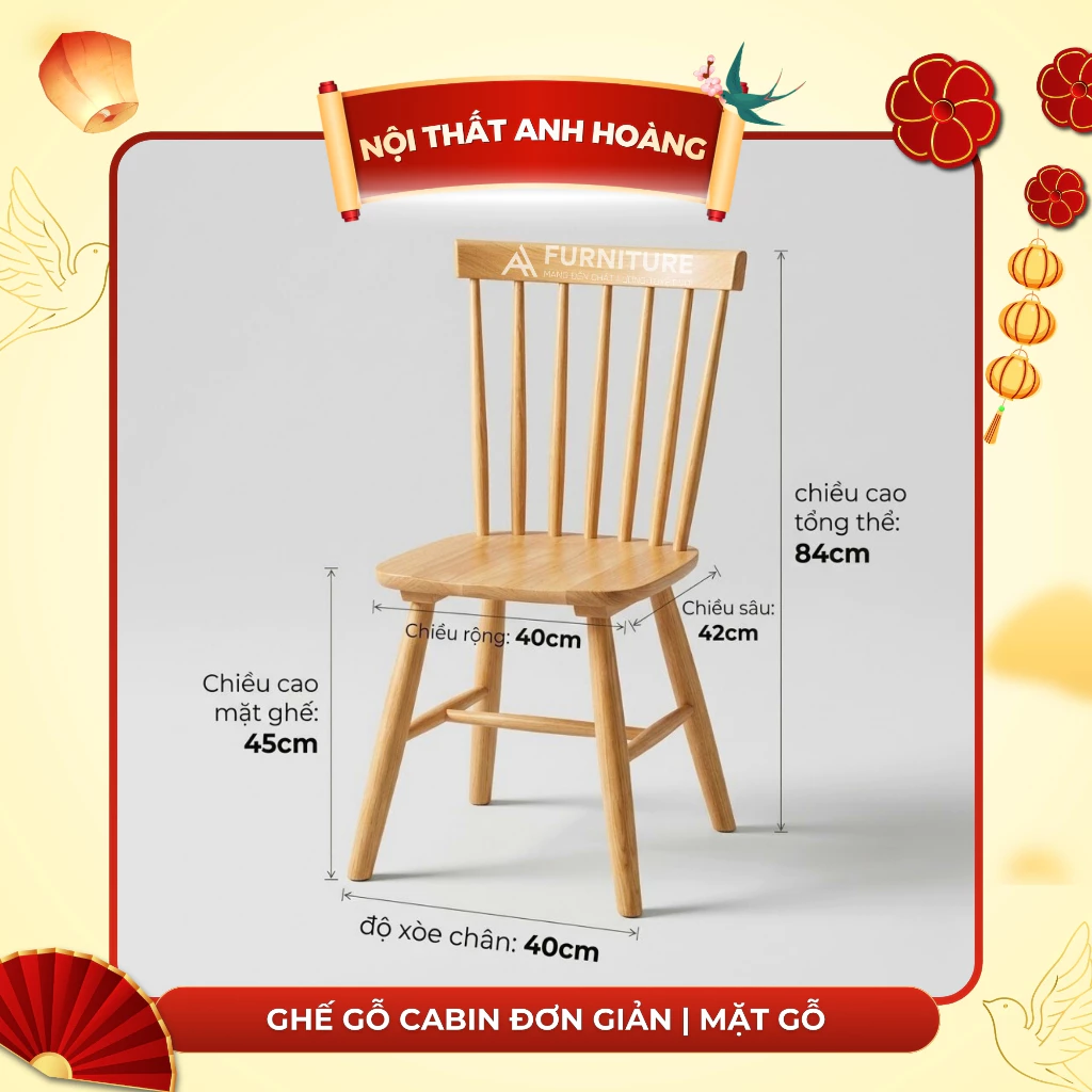 Ghế Gỗ Song Tiện Gỗ Cao Su Tự Nhiên – 7 Nan Tựa Lưng, Bền Đẹp, Đa Năng