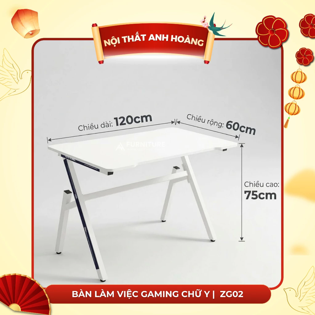 Bàn Làm Việc Gaming Màu Đen Size Lớn 120x60cm Chữ Y Chân Sắt Sơn Tĩnh Điện - Chuẩn Bị Hàng Trong 24h | ZG02 | Nội Thất Anh Hoàng
