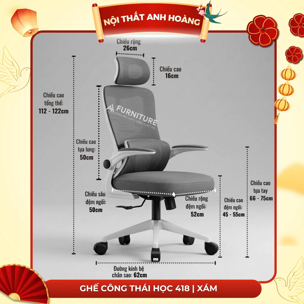Ghế Công Thái Học 418 – Tựa Đầu, 2 Lưng Đệm Lưới Đỡ Cột Sống, Tay Ghế Điều Chỉnh | Nội Thất Anh Hoàng